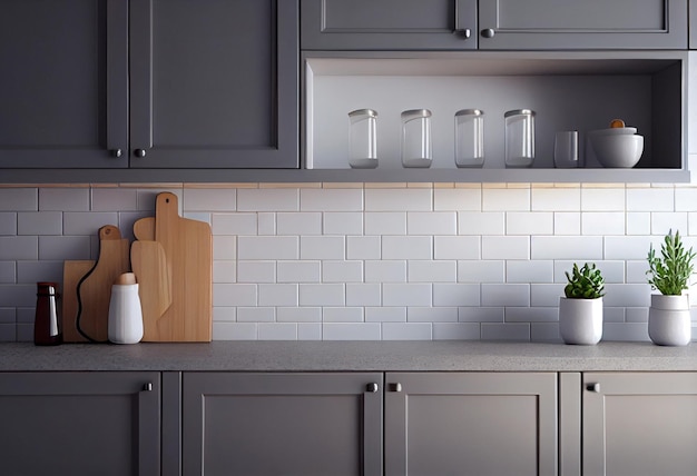 Close-up details van moderne witte appartement keuken met metrotegels AI gegenereerd