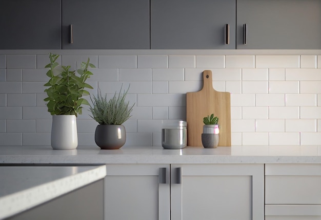 Close-up details van moderne witte appartement keuken met metrotegels AI gegenereerd