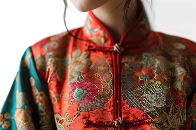 Foto close-up details van traditionele rode zijden chinese kleding op jonge vrouw.