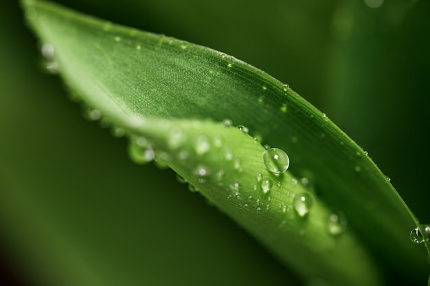 Close up of a Dewdrop on a fresh juicy Lily of the valley leaf