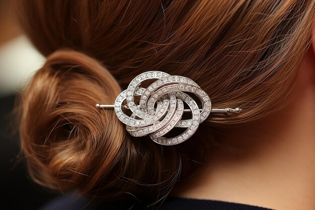 Close up of a diamond encrusted hairpin in an elegant updo