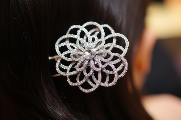 Photo close up of a diamond encrusted hairpin in an elegant updo