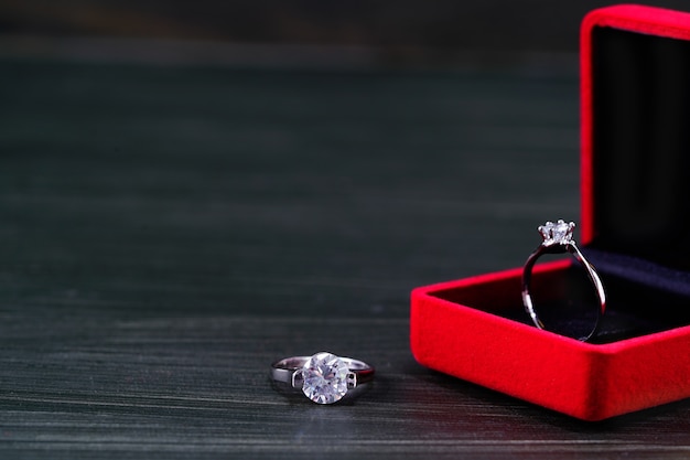 Close up diamond ring in red jewel box