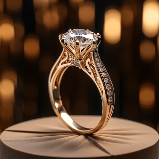 a close up of a diamond ring on a stand with a gold background generative ai
