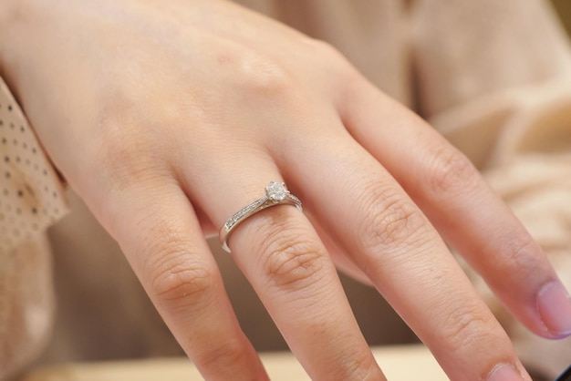 Close up diamond ring on woman finger