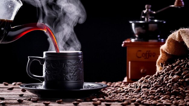 Foto close-up die hete koffie in de kop giet, mok met echte natuurstoomrook met vintage grinder
