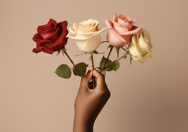 Close up of different skin color hands holding beautiful roses