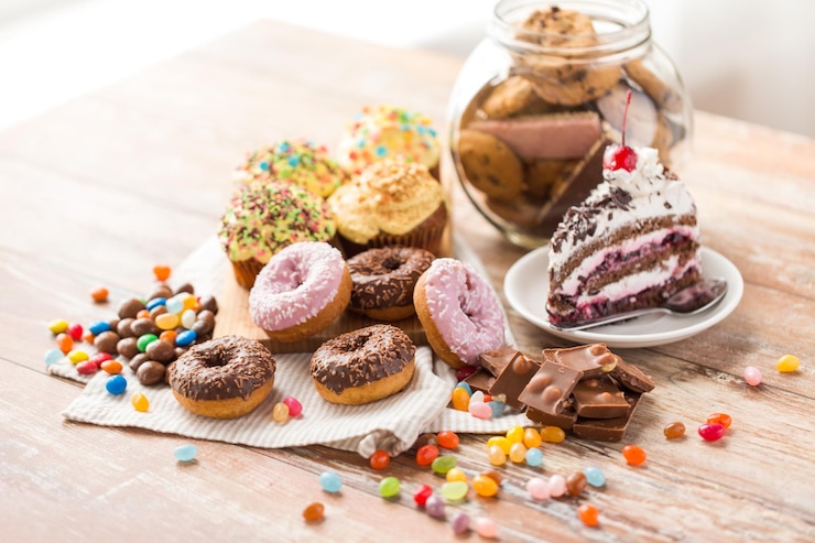 Photo close up of different sweets on table