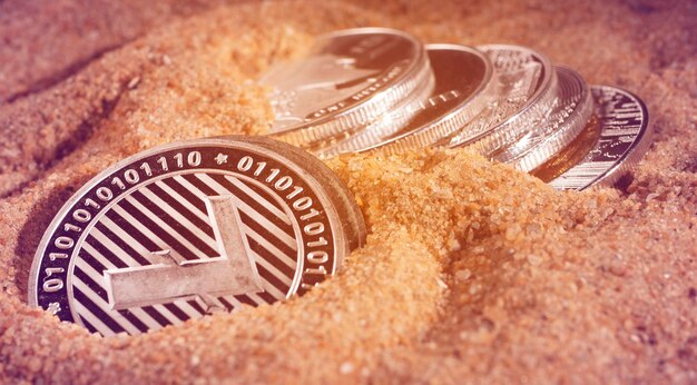 Photo close up of digital cryptocurrency coins