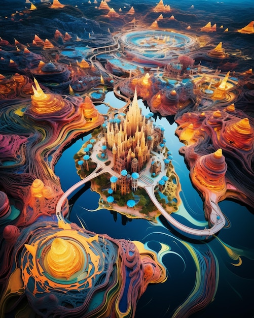 a close up of a digital painting of a city surrounded by water generative ai