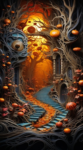 A close up of a digital painting of a stairway with pumpkins generative ai