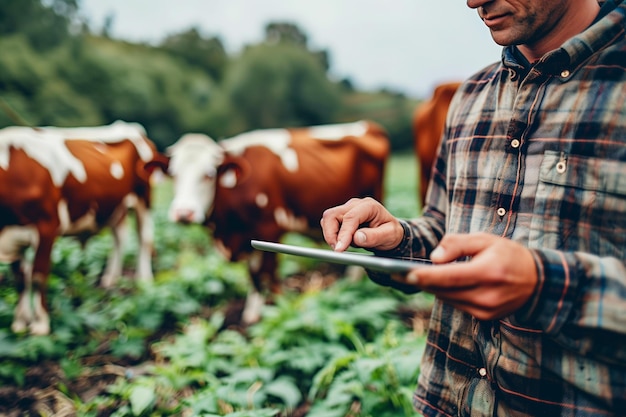 close up digital tablet in males hands of farmer in front of caw