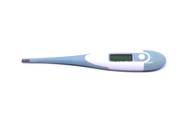 Close-up of digital thermometer over white background