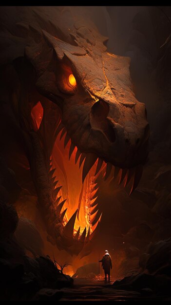 a close up of a dinosaur head with flames and a glowing background.