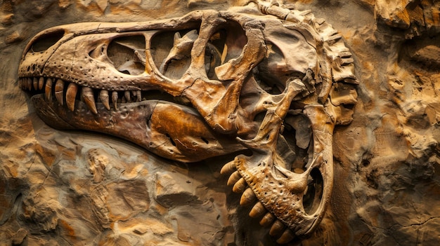 Photo close up of dinosaur skull on wall