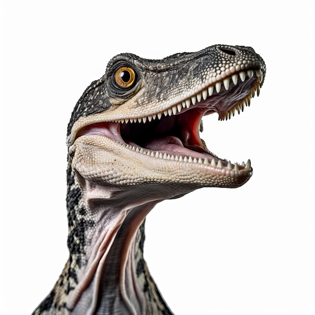 A close up of a dinosaur with its mouth open