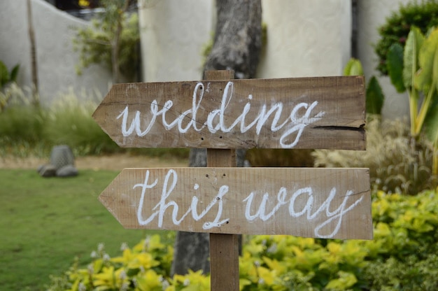 Photo close-up of directional text on arrow symbols in back yard