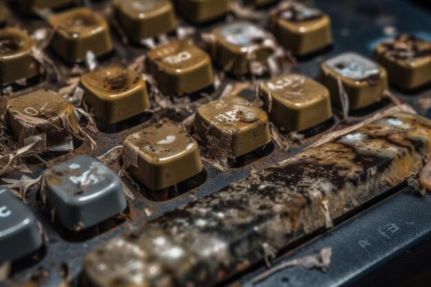 A close up of a dirty old typewriter with the letters o and o on it