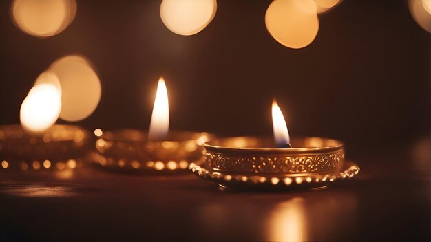 Close up of Diwali diya lamps lit during night