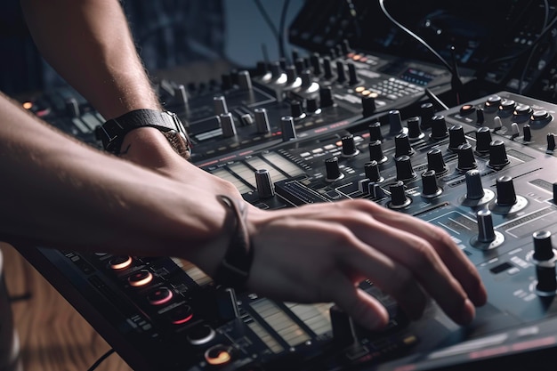 Close up of DJ Hands creating and regulating music on dj console mixer in concert outdoor