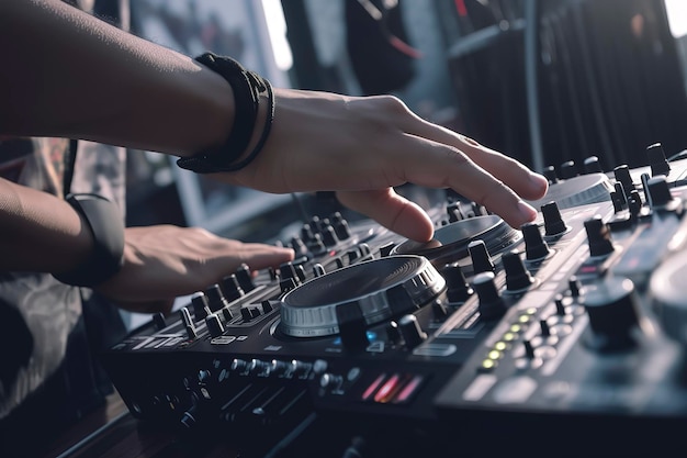 Close up of DJ Hands creating and regulating music on dj console mixer in concert outdoor