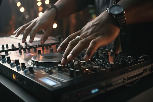 Крупный план DJ Hands, создающего и регулирующего музыку на диджейском микшере на концерте под открытым небом