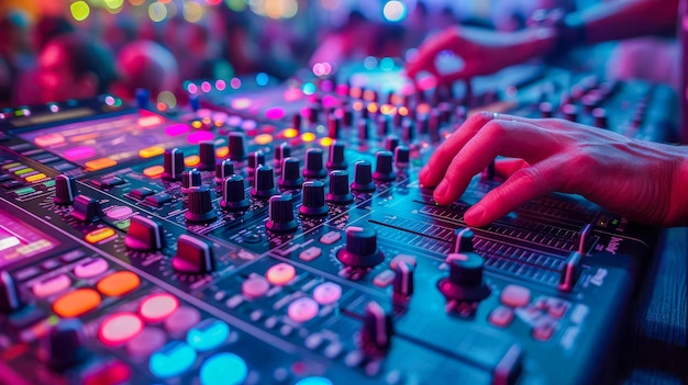 Close up of dj hands playing music on mixer console at nightclub