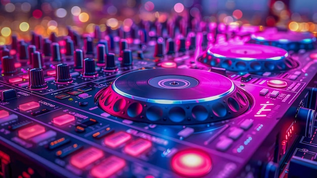 Close up of dj hands playing music on mixer console at nightclub