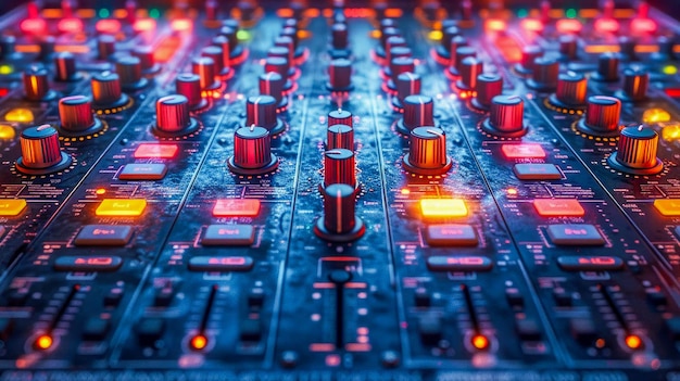 Foto close-up di mani di dj che suonano musica sulla console del mixer in un nightclub