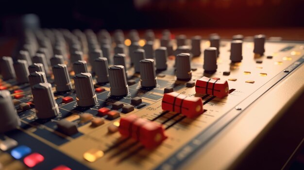 A close up of a dj mixing board with a red and black knob.