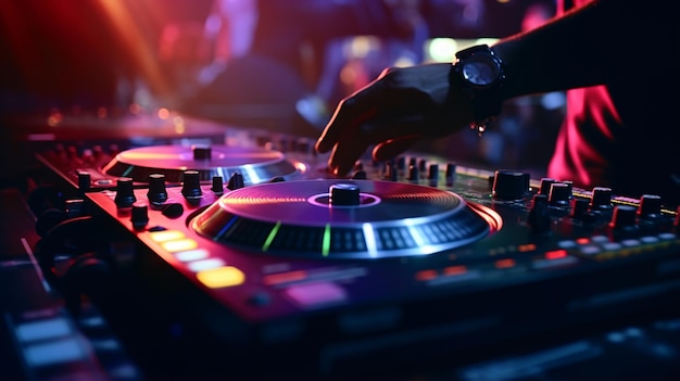 현대 음악에서 파티 음악을 연주하는 DJ의 클로즈업