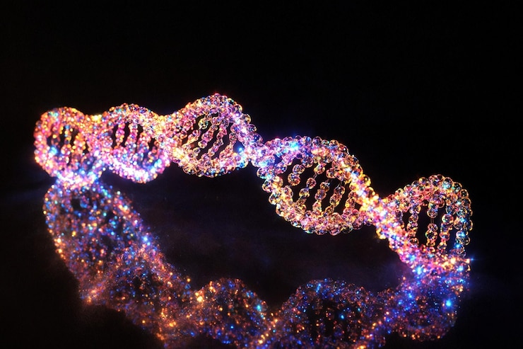 Photo 黒い背景の dna 鎖のクローズアップ