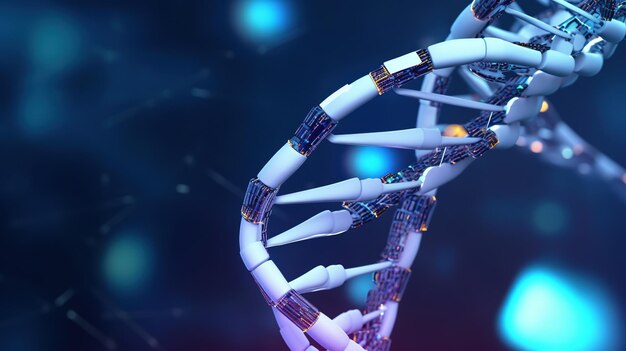 A close up of a dna strand with a blue background