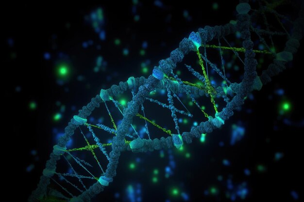 파란색 불빛이 있는 DNA 가닥의 클로즈업