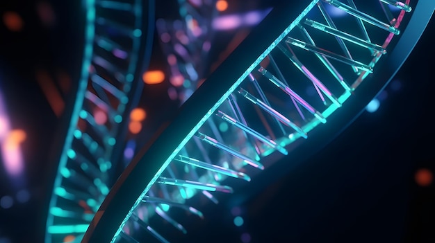 A close up of a dna strand with blue and pink lights.