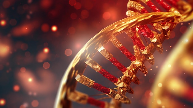 Крупный план нити ДНК с красными и золотыми акцентами