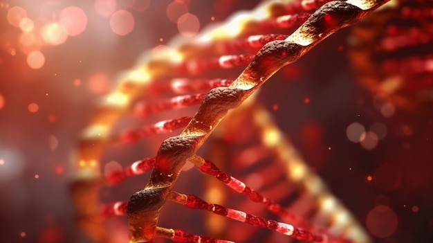 A close up of a dna strand with red and gold highlights.