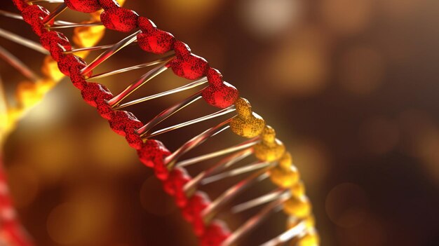 빨간색과 노란색 DNA 가닥이 있는 DNA 가닥의 A를 닫습니다.