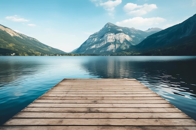 Foto un primo piano di un molo su un lago con montagna d'acqua