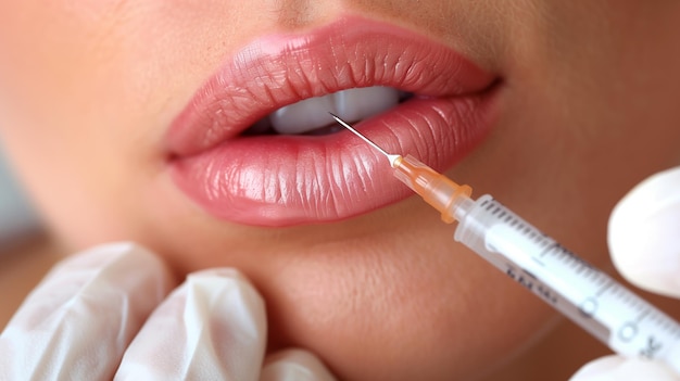 Foto vicino medico mani in guanto medico dare riempimento di iniezione di botox nelle labbra estetica medicina plastica chirurgia dermatologia concetto di bellezza