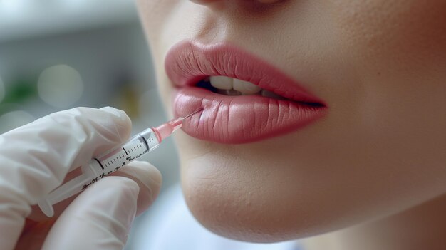 Close up doctor hands in medical glove give filler of botox injection in lips aesthetic plastic