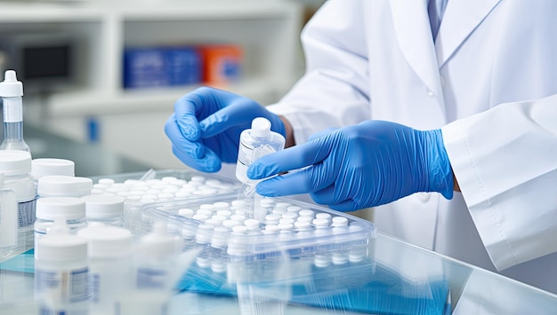 close up of a doctor holding a bottle of pills in a laboratory