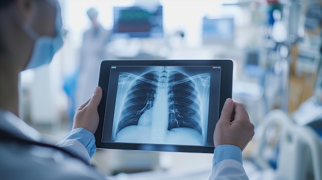 Close up of doctor holding digital tablet with chest Xray