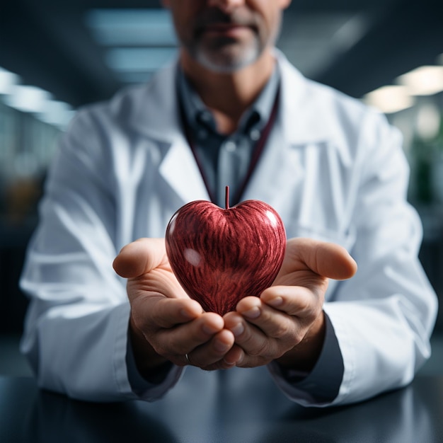 Photo close up of a doctor holding a heart shaped apple