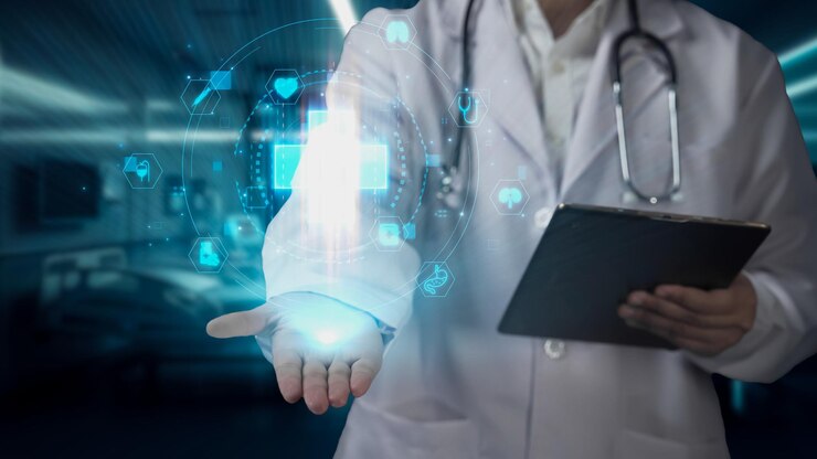 Photo close up of doctor holding tablet and holding medical cross hologram remedial