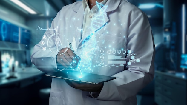 close up of doctor holds tablet while points pen with dna hologram remedial