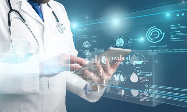 Photo close-up doctor at hospital working with tablet pc