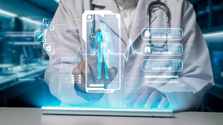 Photo close up of doctor searching and pointing at human anatomy hologram remedial