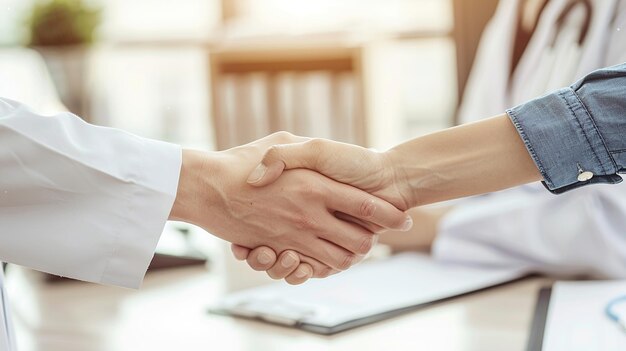 Close up doctor with patient shaking hands over a table in blur background copy space