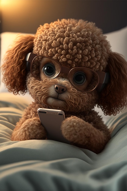 Close up of a dog on a bed with a cell phone generative ai